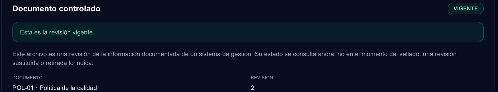Página de verificación: documento controlado, revisión vigente