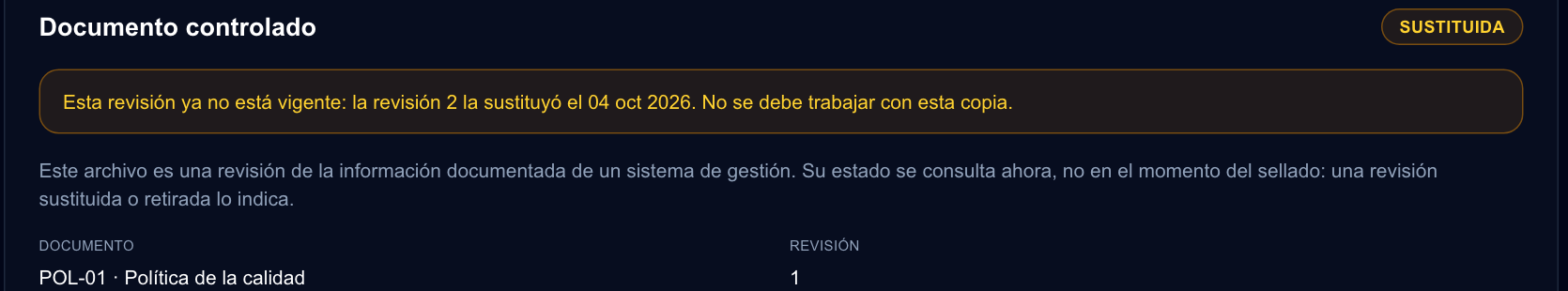 Página de verificación: documento controlado, revisión sustituida