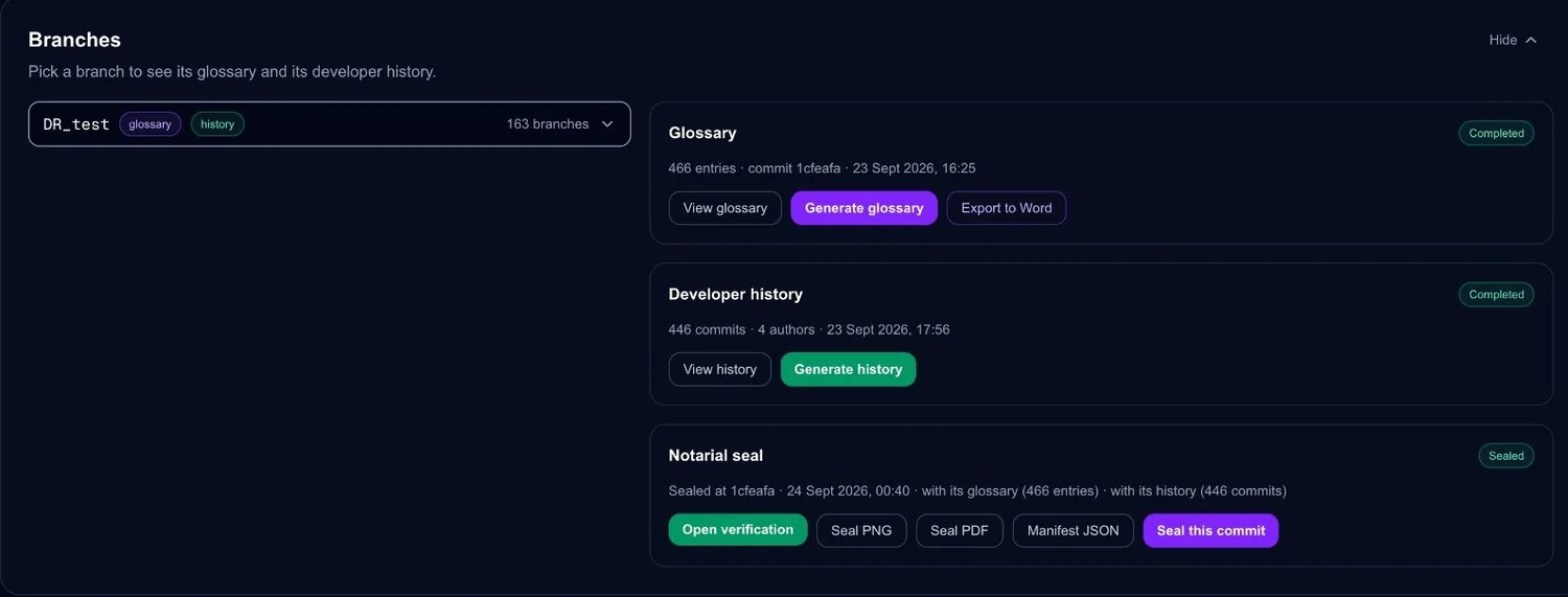 Rama con glosario, historial de desarrollo y commit sellado