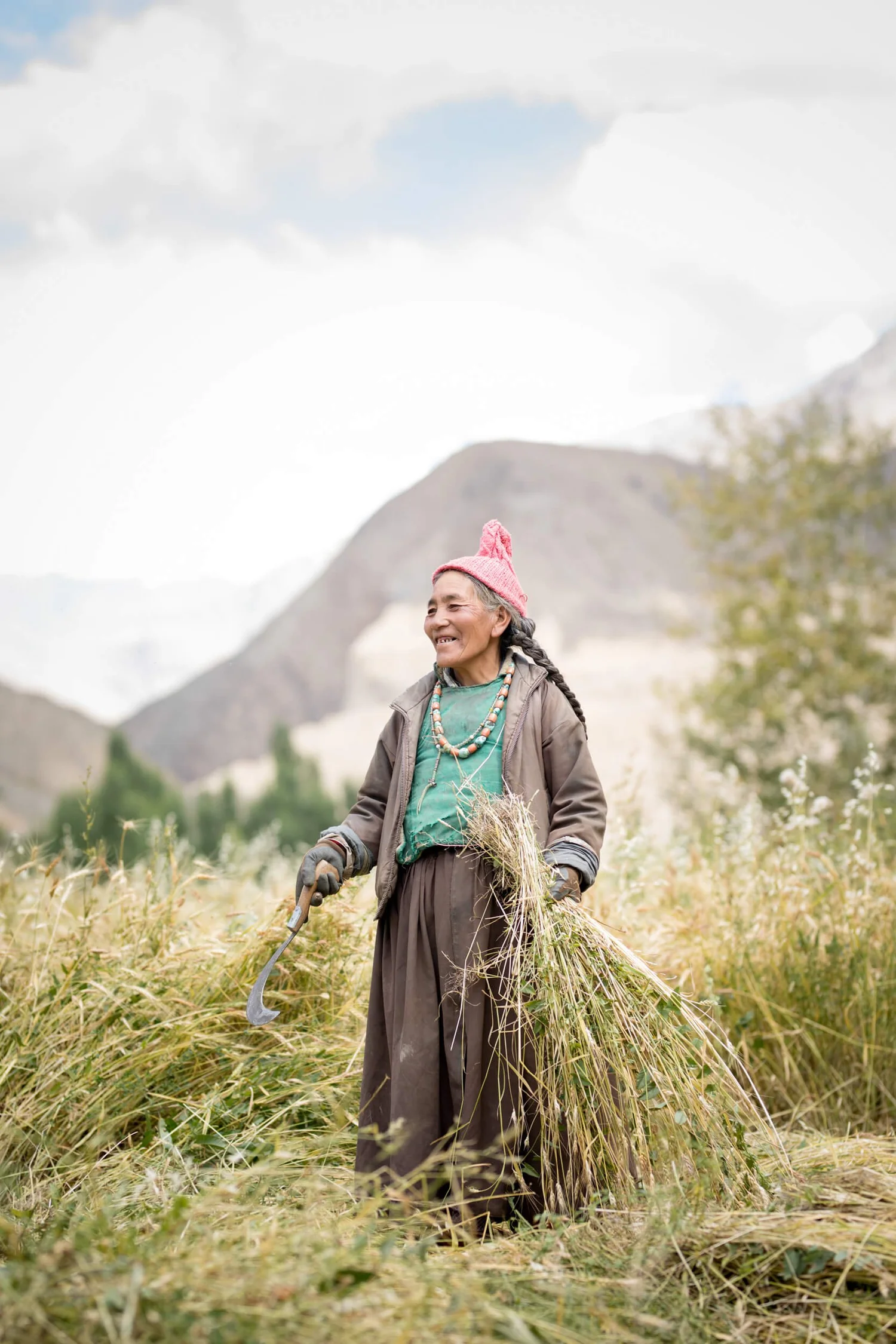 A fieldworker pauses in the barley harvest, sickle in hand