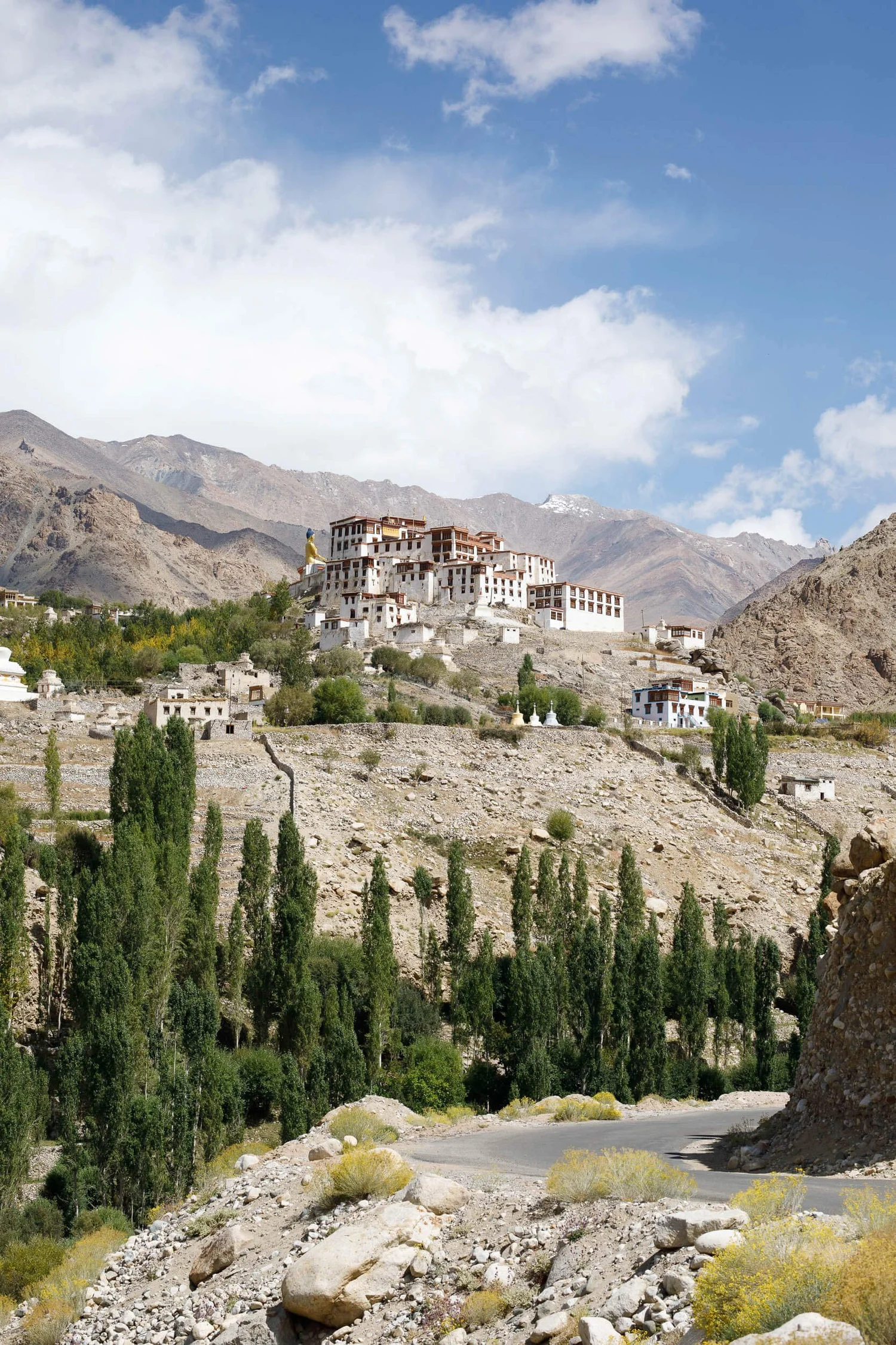A large prayer wheel beside vividly painted murals near Tingmosgang Monastery