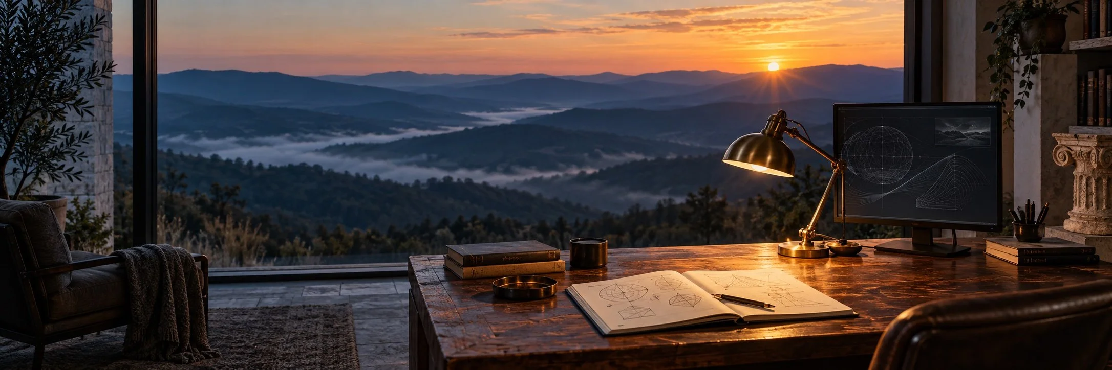A study overlooking misty mountains at sunrise, with an open notebook and a brass desk lamp.