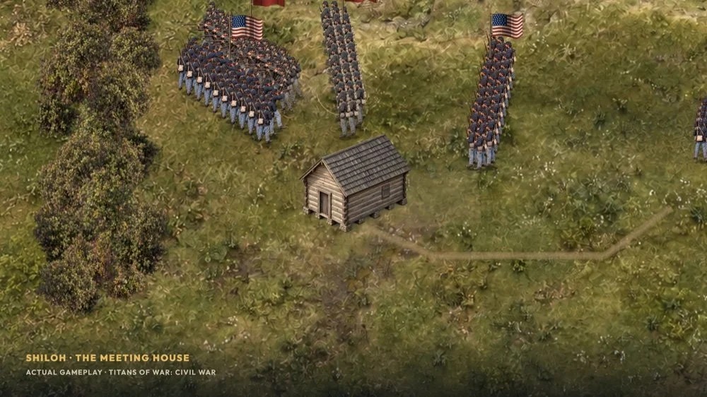 Actual Civil War gameplay: infantry near Shiloh's meeting house.