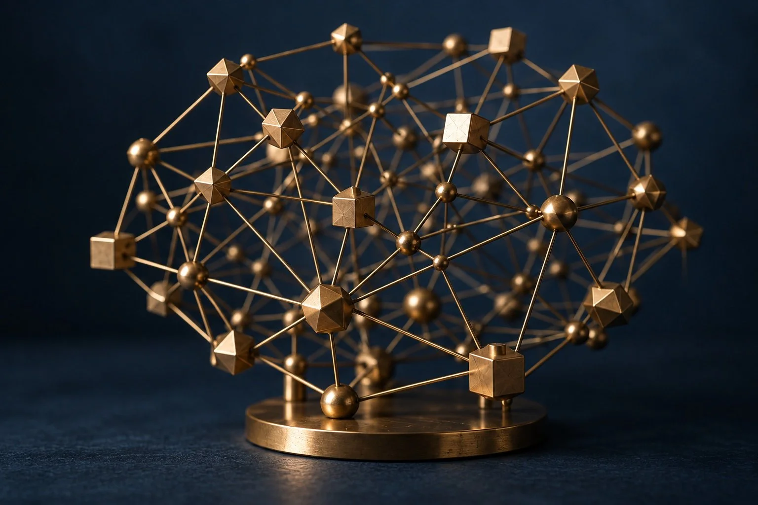 An editorial sculpture of connected brass nodes, representing structured information.