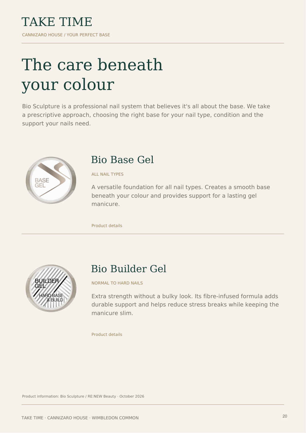 Bio Base and Builder: Take Time nail lookbook page with treatment details