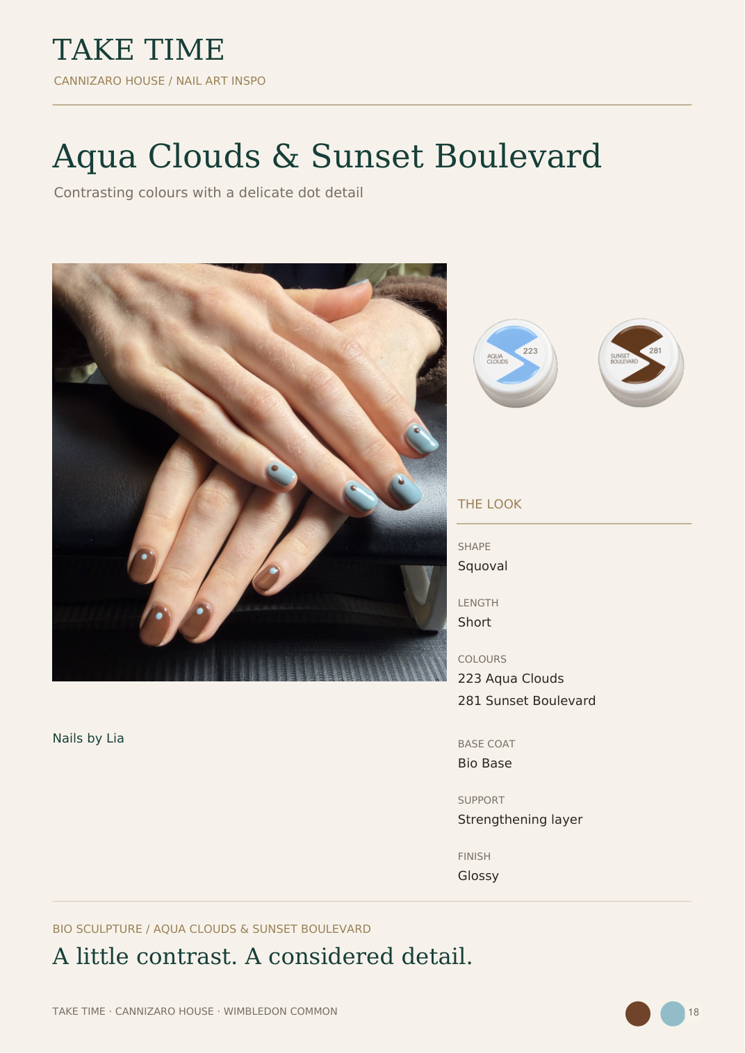 Aqua Clouds and Sunset Boulevard: Take Time nail lookbook page with treatment details