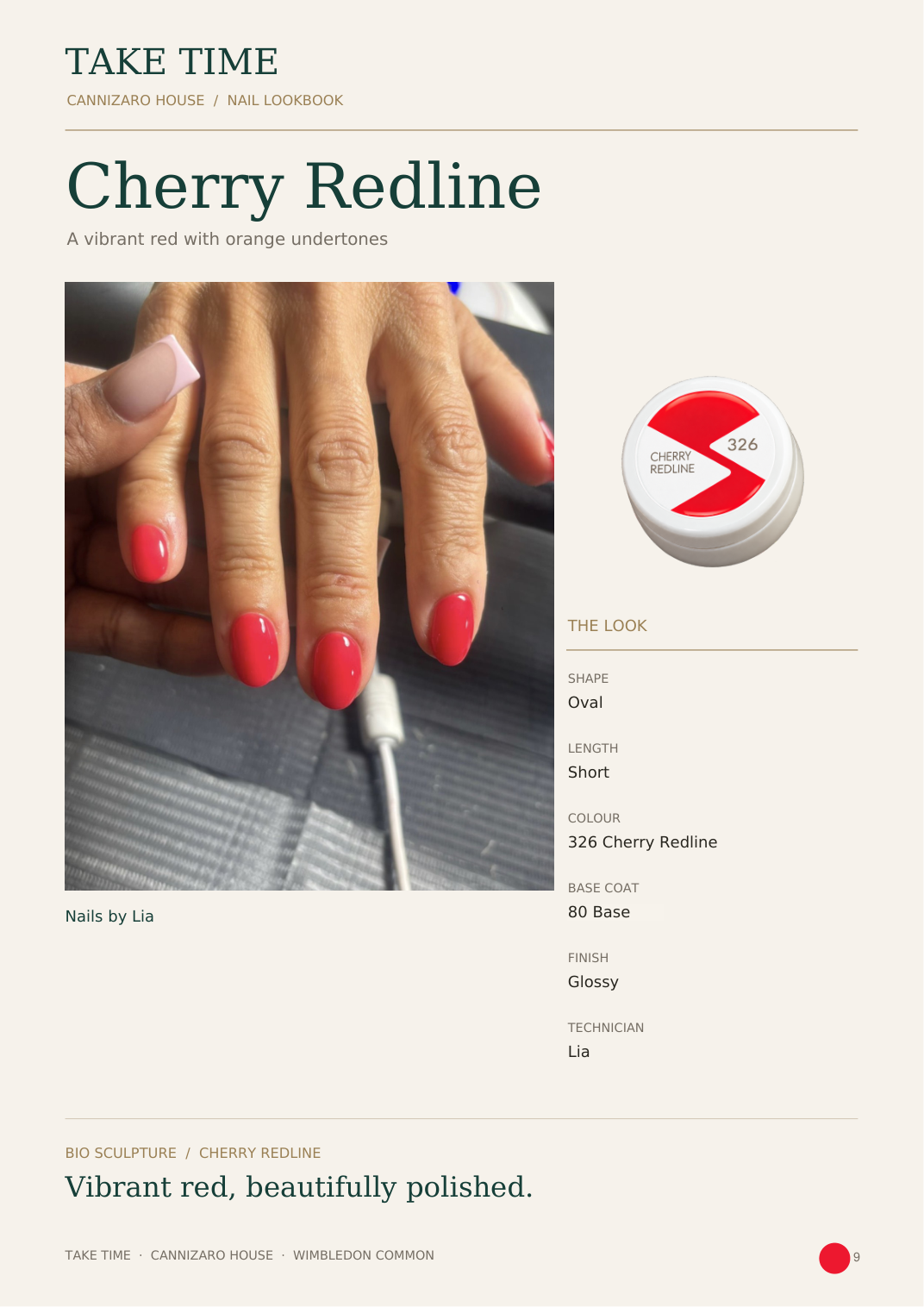 Cherry Redline: Take Time nail lookbook page with treatment details