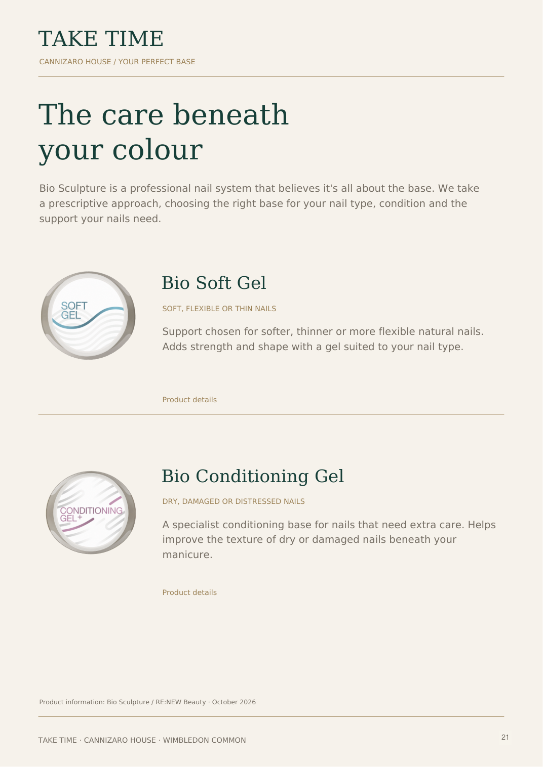 Bio Soft and Conditioning: Take Time nail lookbook page with treatment details