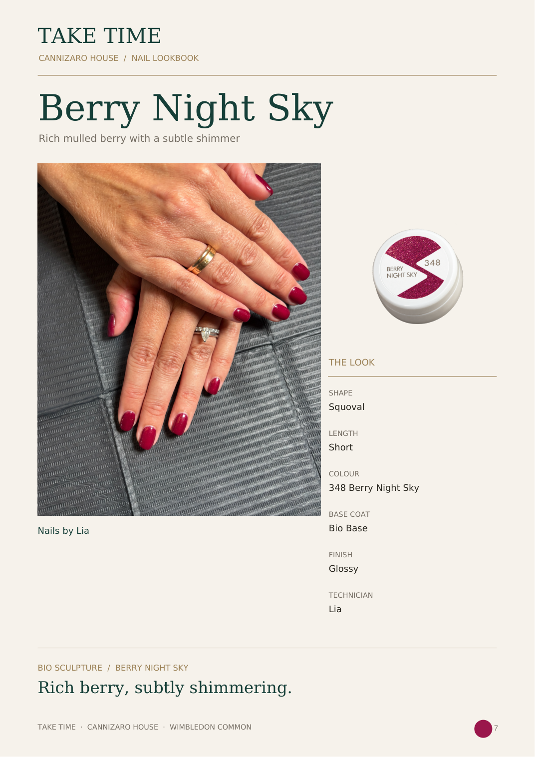 Berry Night Sky: Take Time nail lookbook page with treatment details