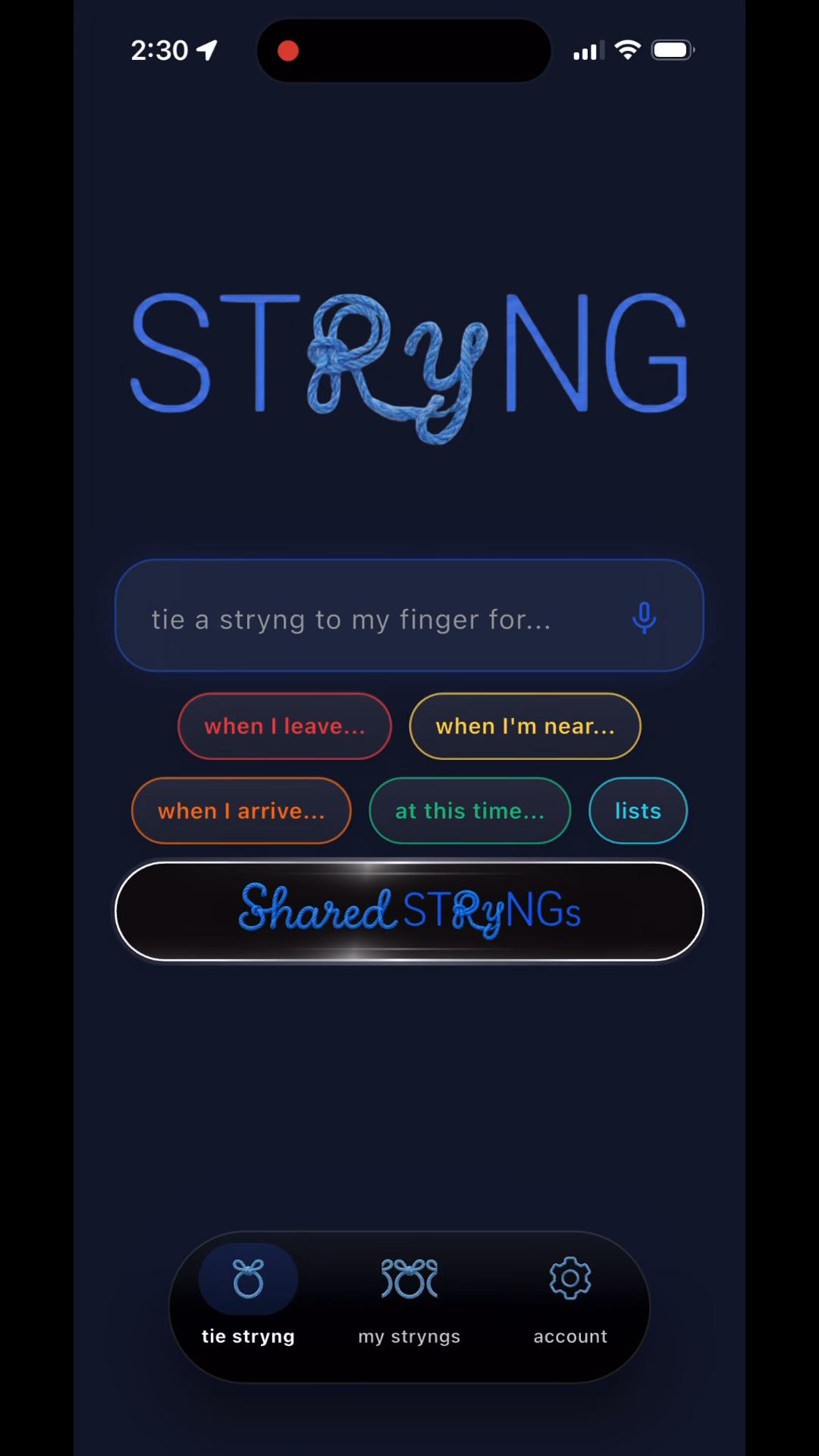 Static STRyNG app capture showing personal reminders for leaving, approaching, arriving at a place, and a set time.
