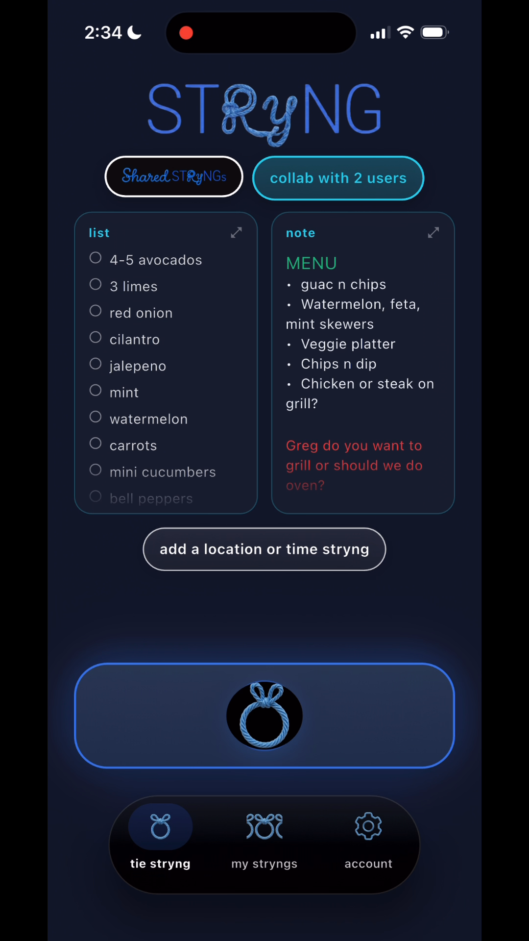 Static STRyNG app capture showing a collaborative grocery list and notes side by side, with an option to add a location or time reminder.