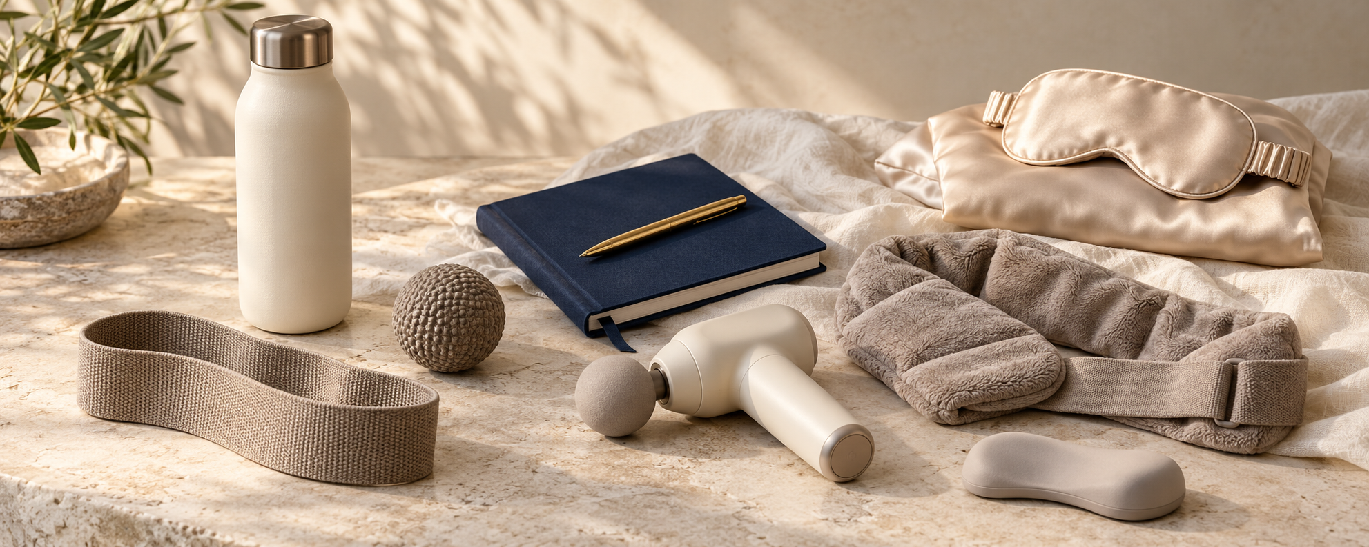Representative concept imagery of practical wellness tools for hydration, rest, movement, recovery and reflection