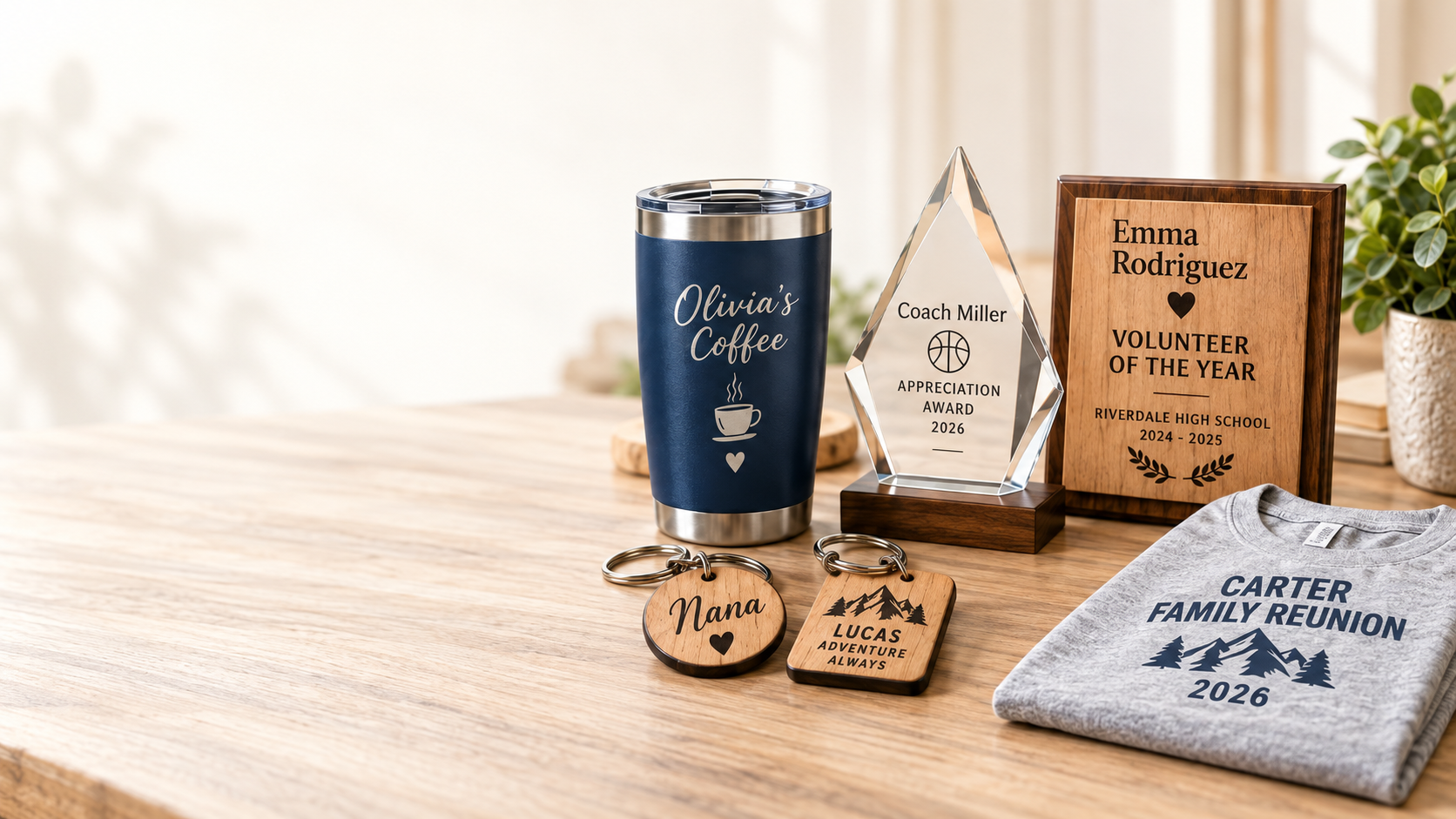 Personalized tumbler, crystal award, wood plaque, keychains and family reunion shirt