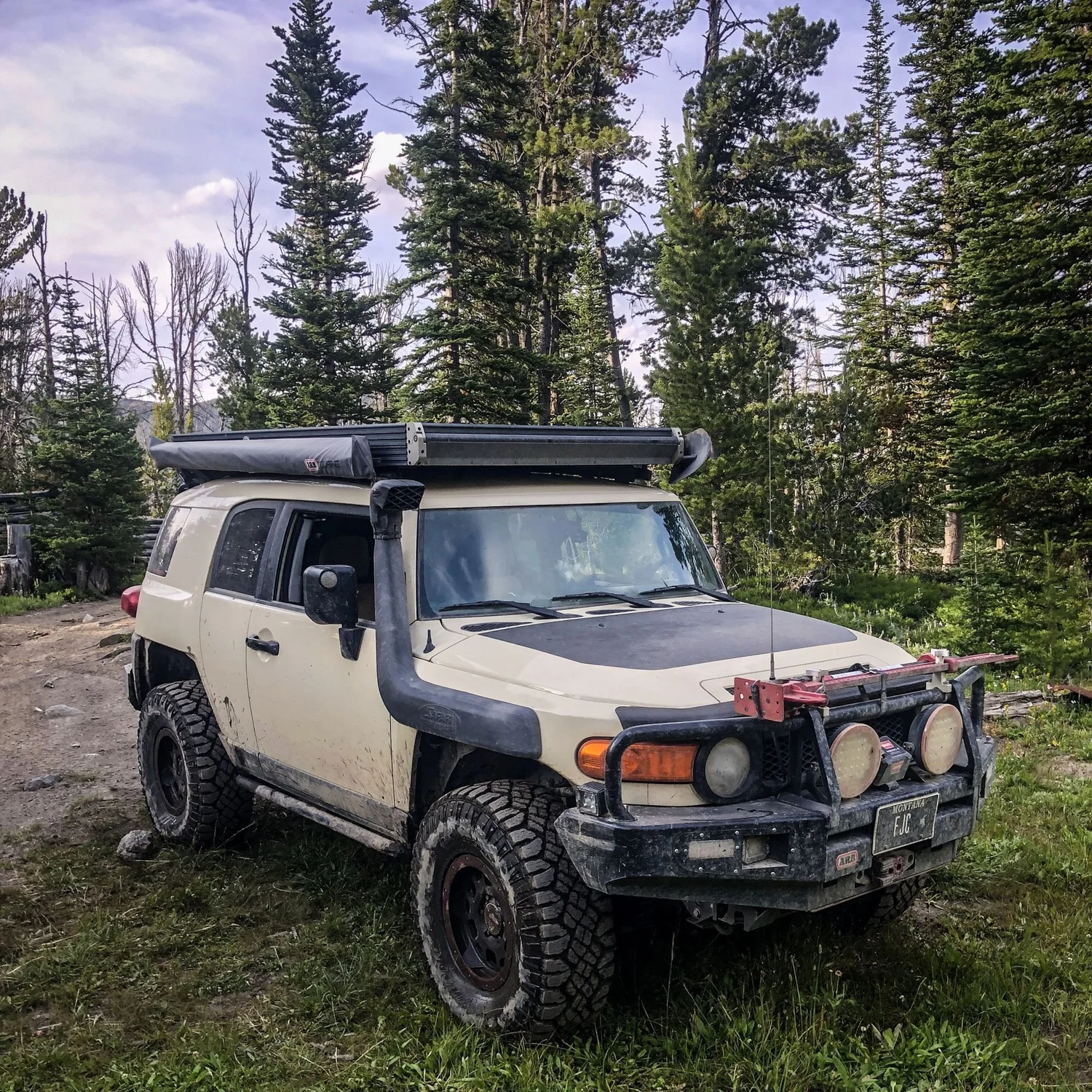 Tan FJ Cruiser with a snorkel and Go Fast Camper rooftop tent parked in a forest camp on the North Meadow Creek trail to McKelvey Lake in the Tobacco Root Mountains, Montana