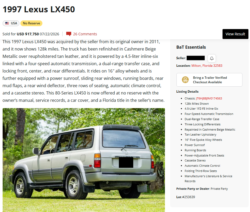 Saved copy of the Bring a Trailer auction for a 1997 Lexus LX450 in Milton, Florida