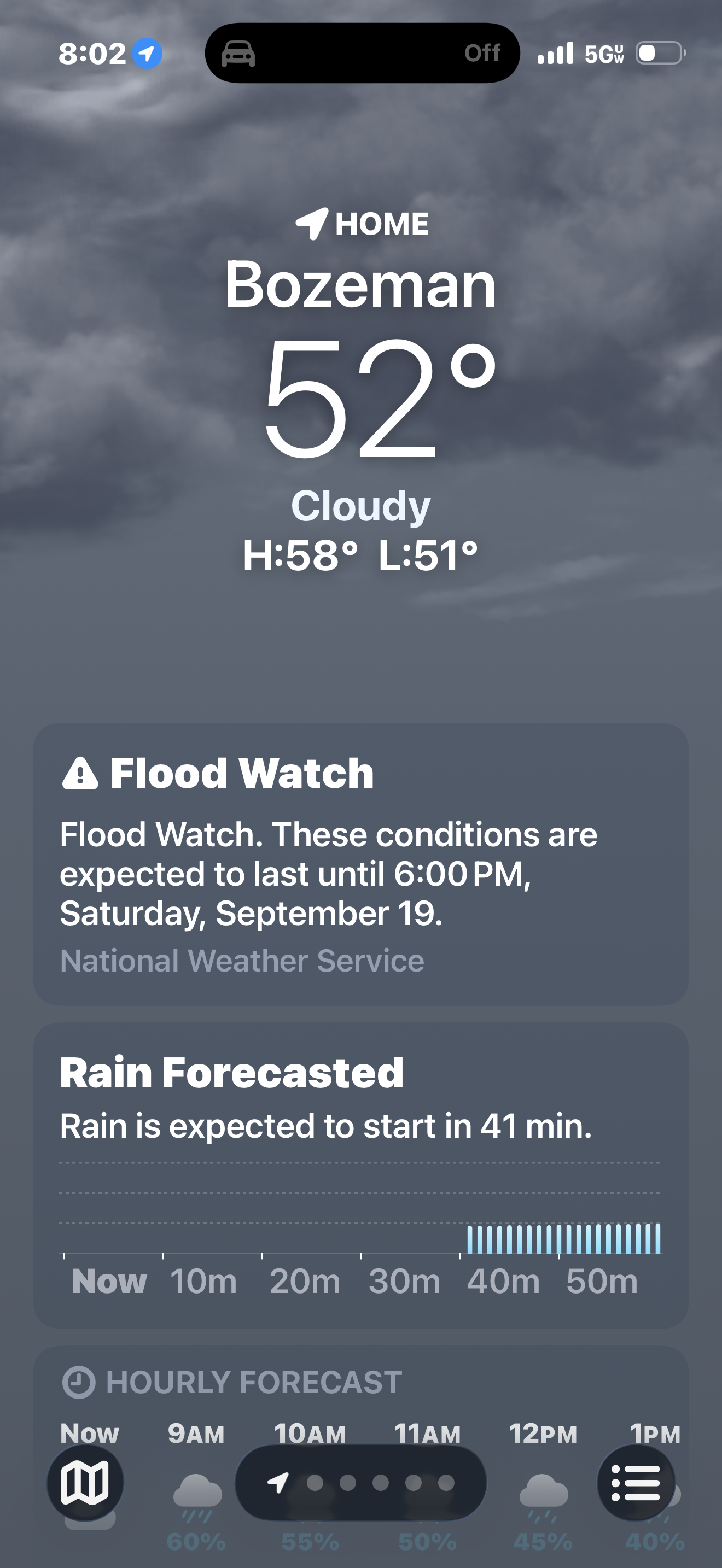 Weather app showing a Flood Watch for Bozeman, Montana