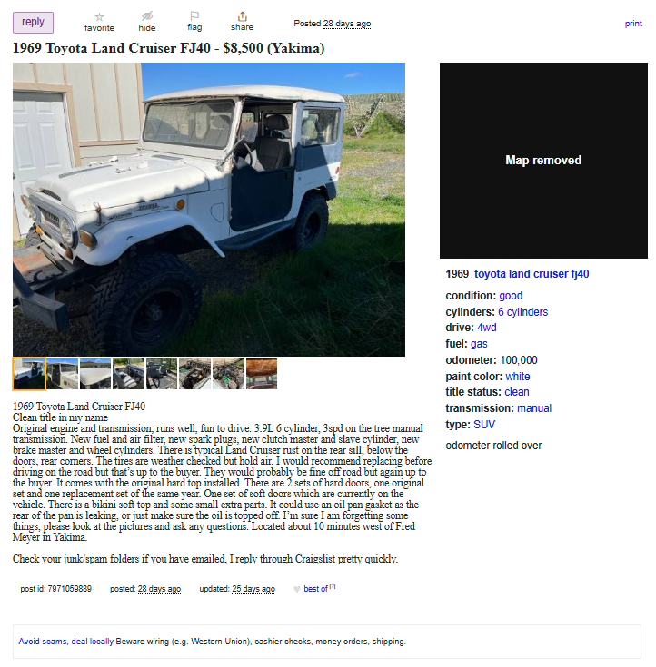 Saved copy of the Craigslist ad for a 1969 Toyota FJ40 in Yakima