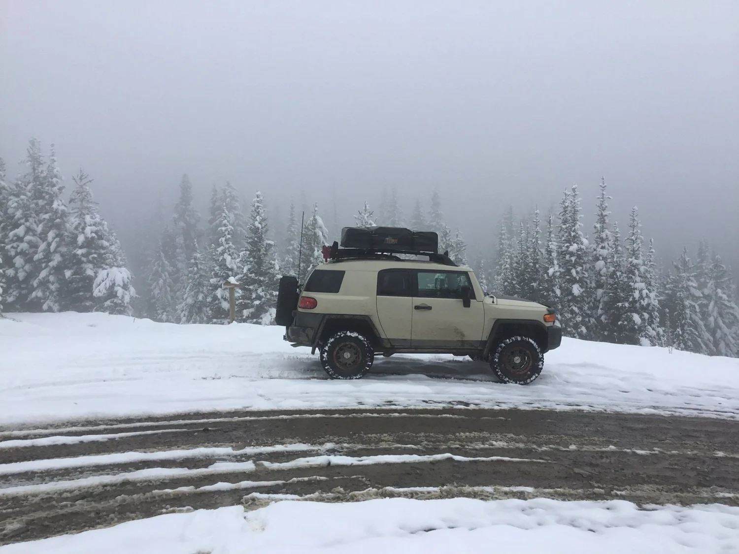 Side view of a tan FJ Cruiser on a snowy road with foggy snow-covered trees behind on Little Bear Road in the Gallatin Range near Bozeman, Montana