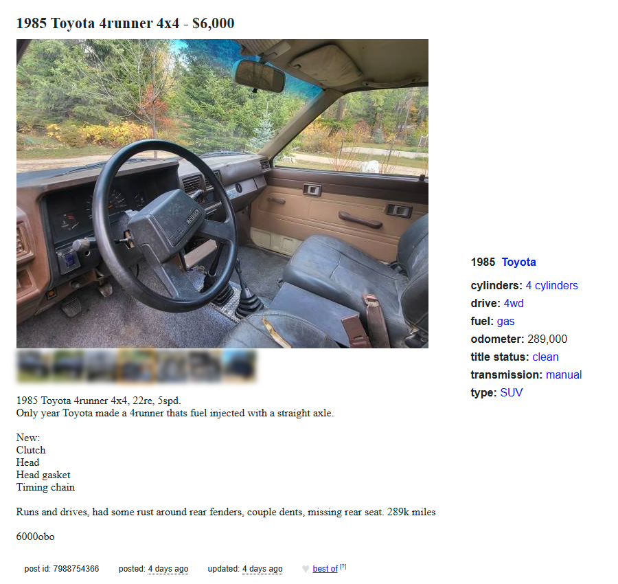 Saved copy of the Craigslist ad for a 1985 Toyota 4Runner in Valley, Washington