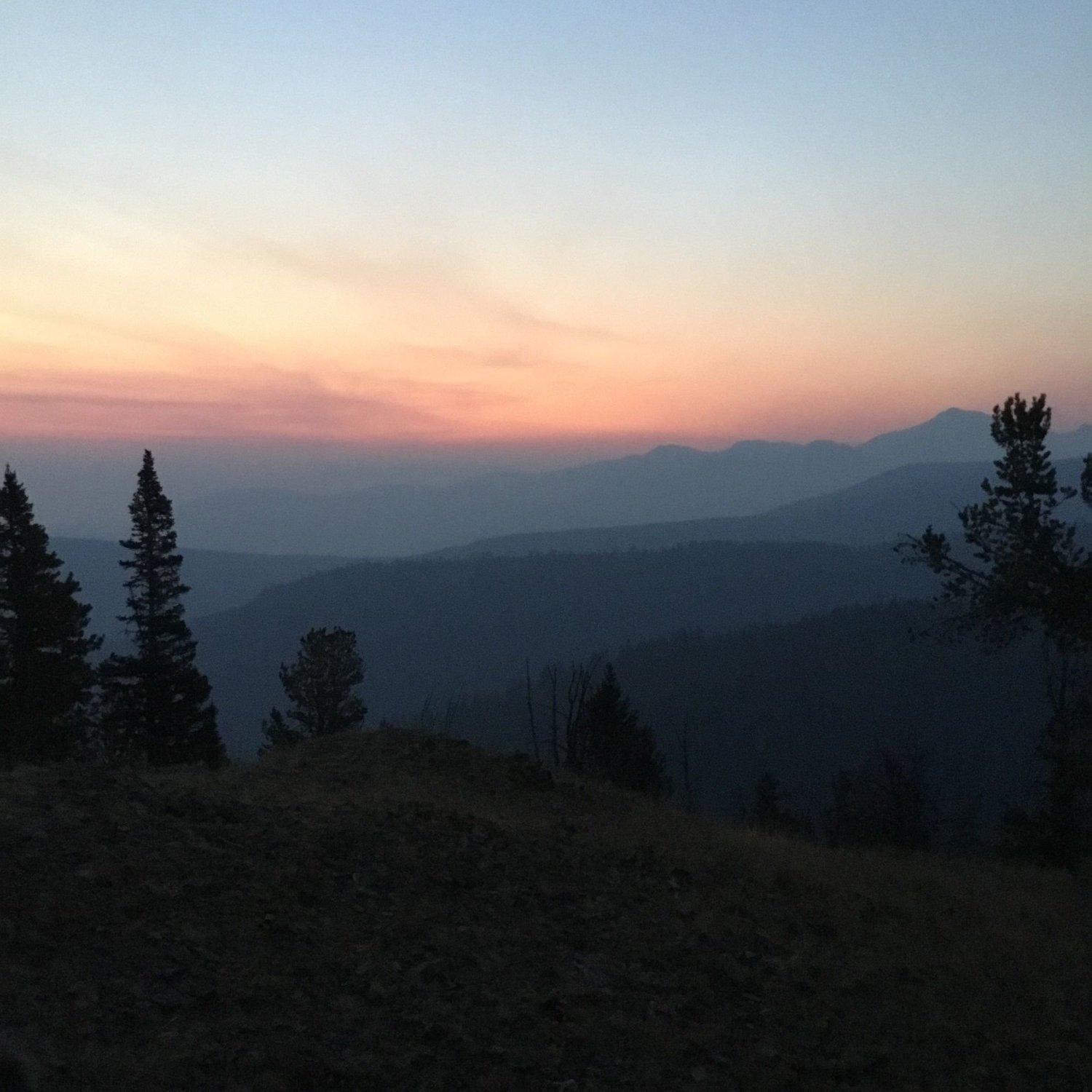 Pink smoky sunset over layered blue ridges and silhouetted pines on Little Bear Road in the Gallatin Range near Bozeman, Montana