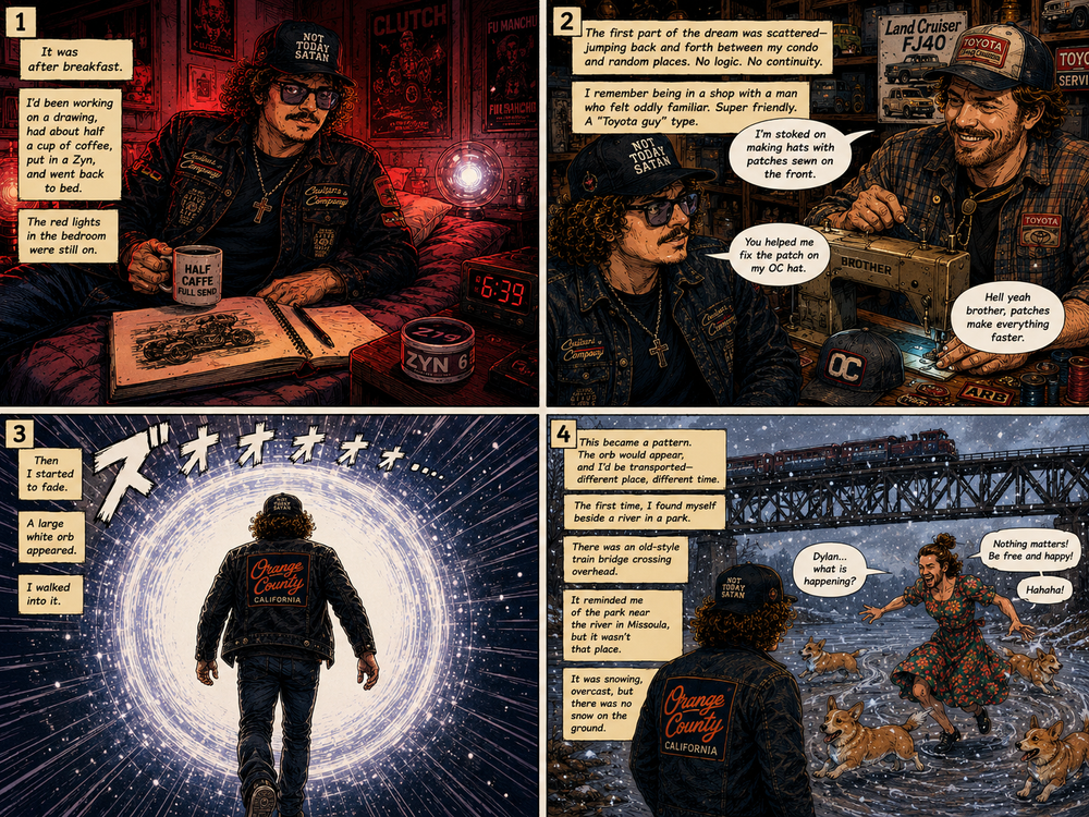 White Orb Cafe comic page one with four dark cinematic panels