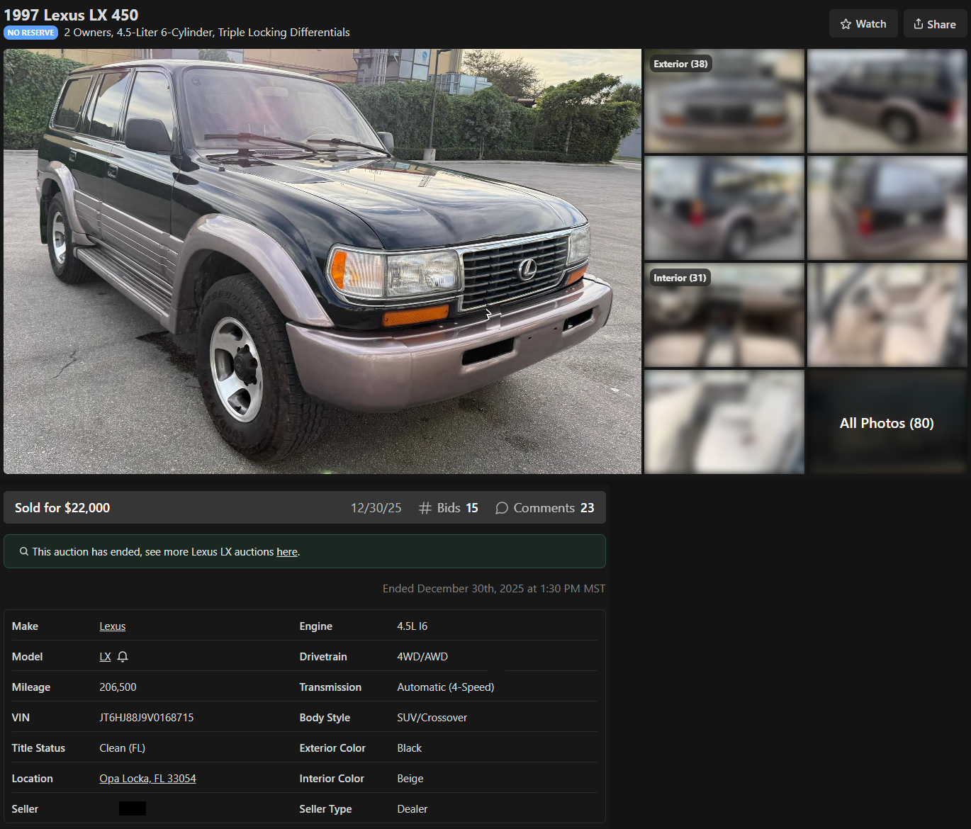 Saved copy of the Cars and Bids auction for a 1997 Lexus LX450 in Opa Locka, Florida