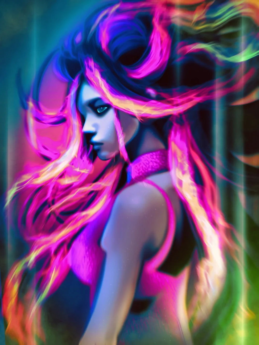 Profile portrait of a woman with flowing neon pink and green hair