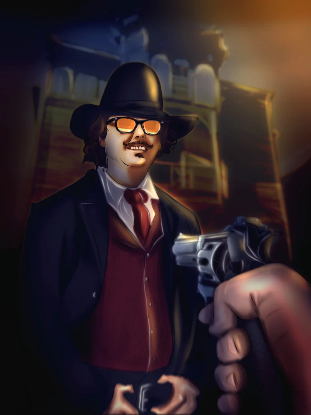 Noir concept painting of a mustached man in a fedora and red tie