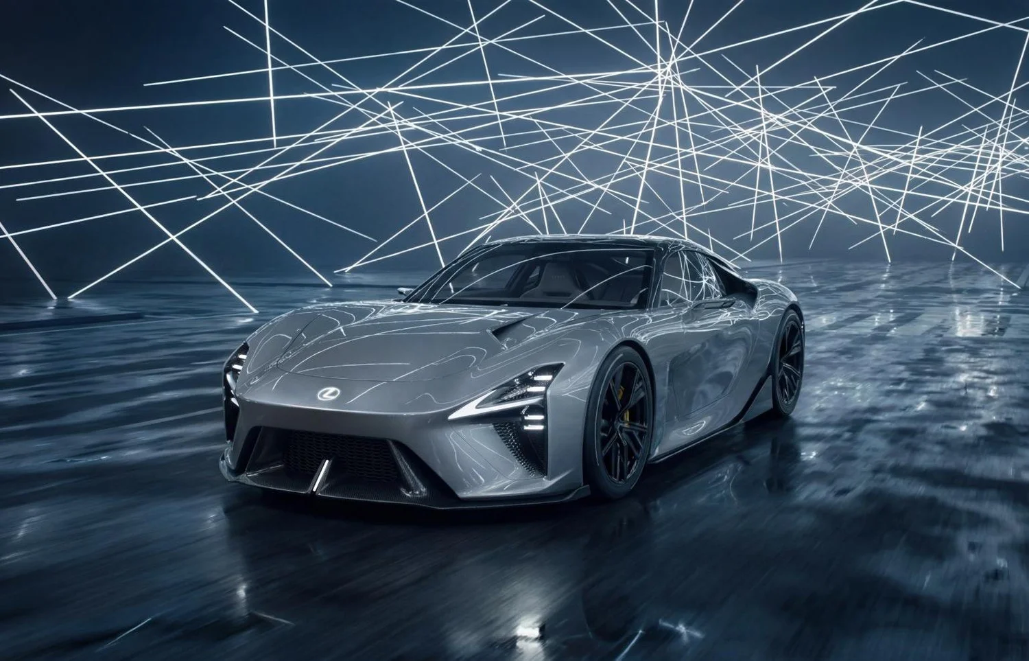 Silver Lexus LFA Concept electric sports car under a web of light bars