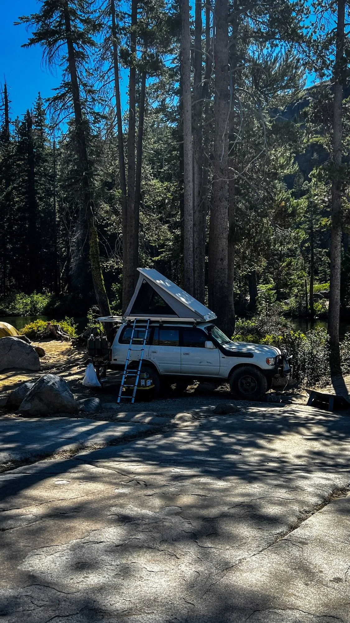 Camp in the pines with a truck and an open rooftop tent on the Rubicon Trail in California during Rubithon 2022