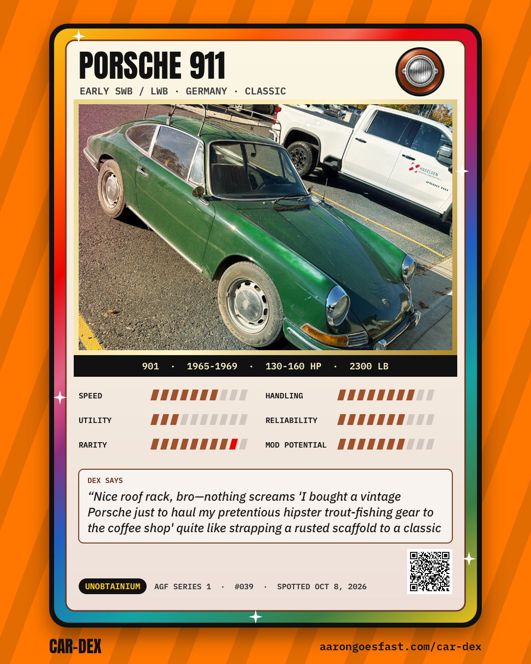 Car-Dex trading card for the green Porsche showing an Unobtainium rarity badge, rainbow holographic border and sparkles