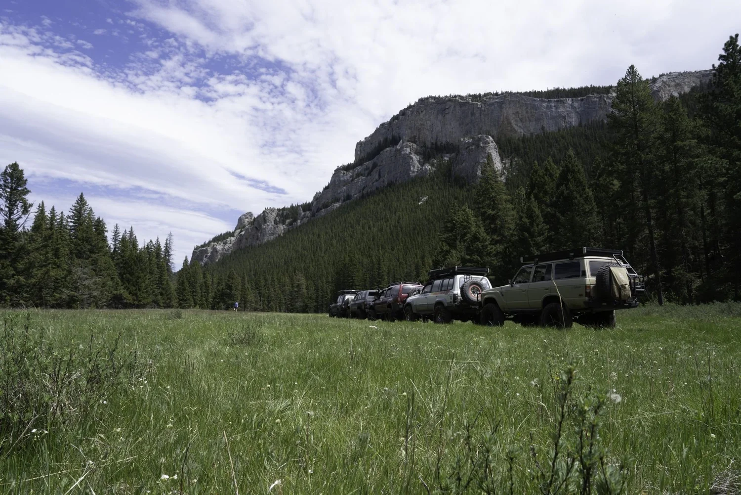 Trucks lined up in a meadow below limestone cliffs under a wispy sky on the Middle Fork Judith River road in the Little Belt Mountains, Montana
