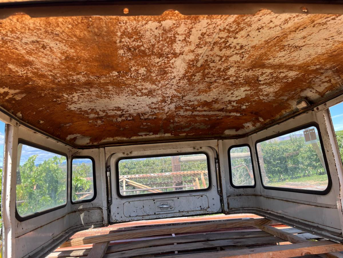Rusty underside of the white hardtop on the 1969 Toyota FJ40 in Yakima