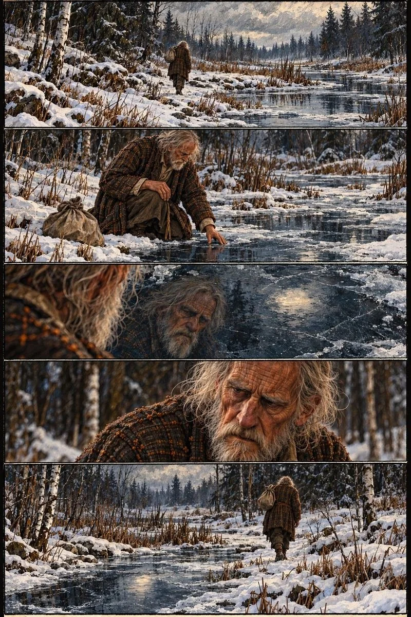 Painted comic page of an old man kneeling by a frozen stream in winter