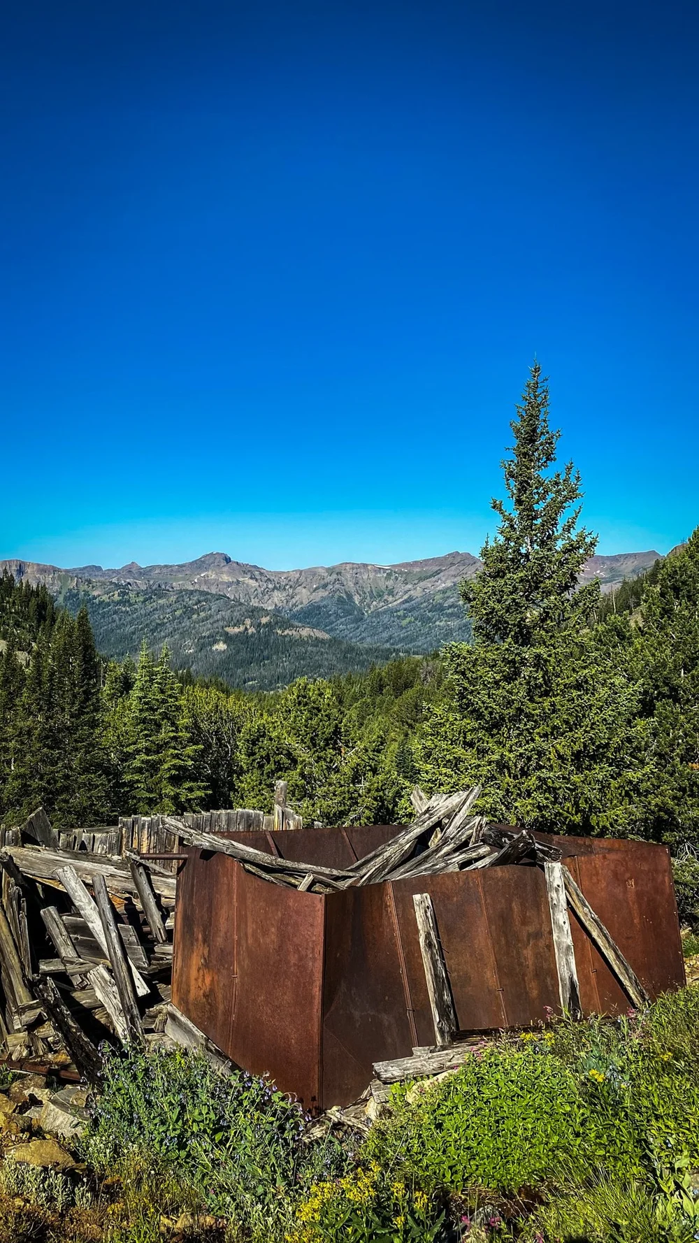 Collapsed rusted mining structure in a high meadow