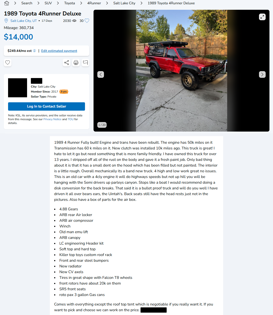 Saved copy of the KSL Classifieds ad for a 1989 Toyota 4Runner in Salt Lake City