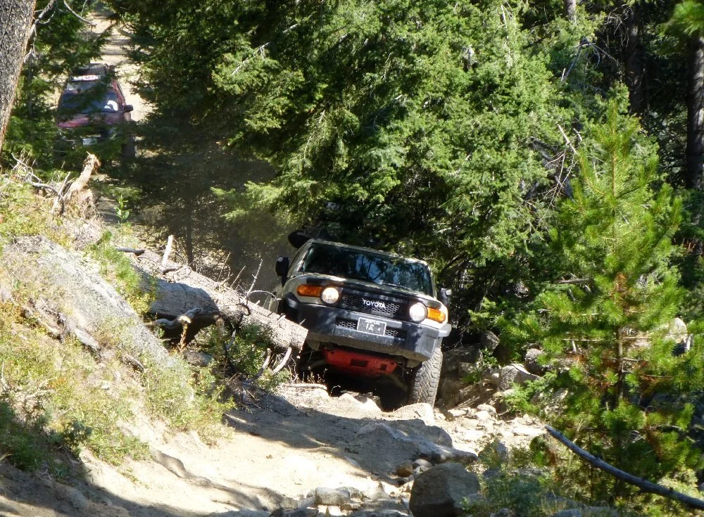 Dark FJ Cruiser climbing a steep rocky section in dense forest
