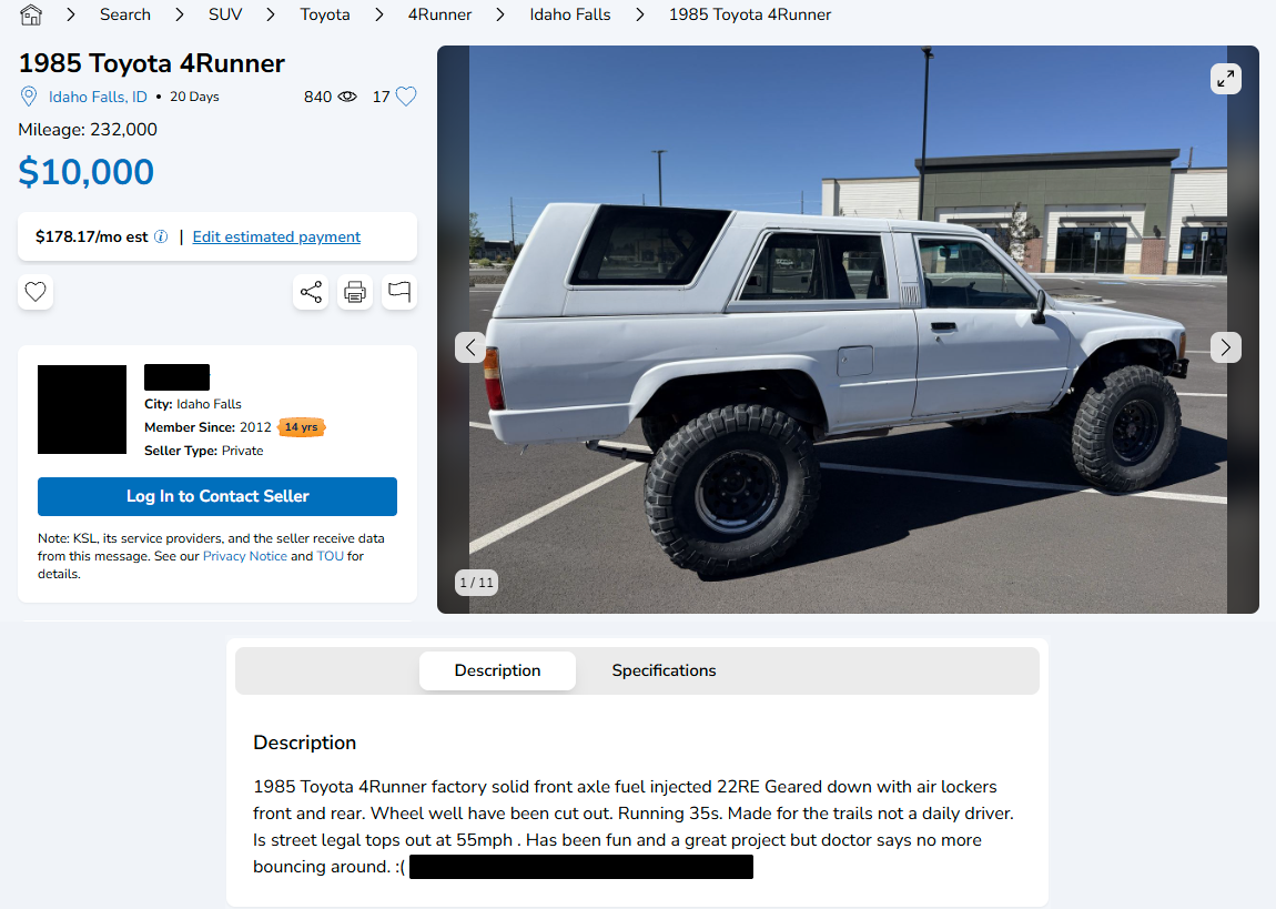 Saved copy of the KSL Classifieds ad for a 1985 Toyota 4Runner in Idaho Falls