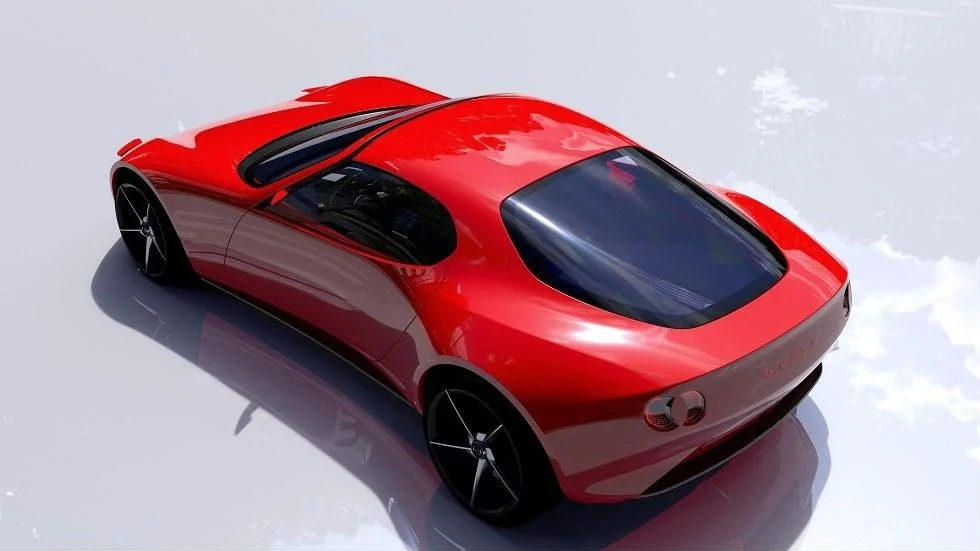 Red Mazda Iconic SP rotary sports car concept rear three-quarter view from above