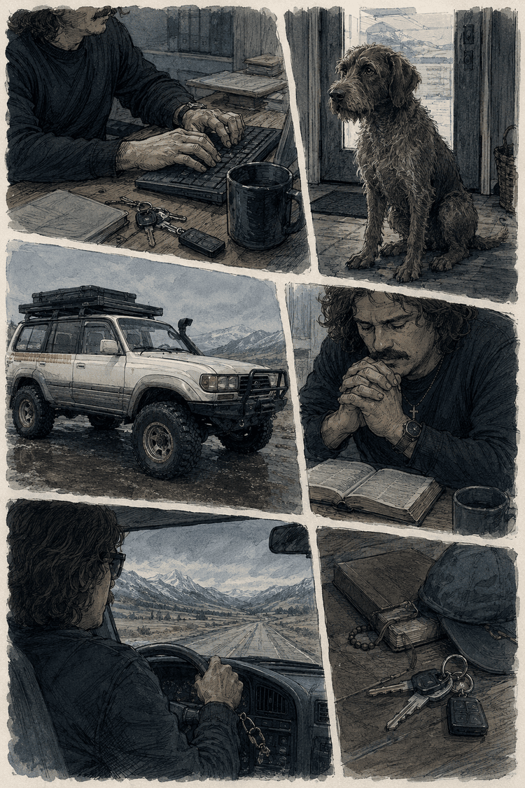 Comic page with a dog, a Land Cruiser and a man driving on a mountain road
