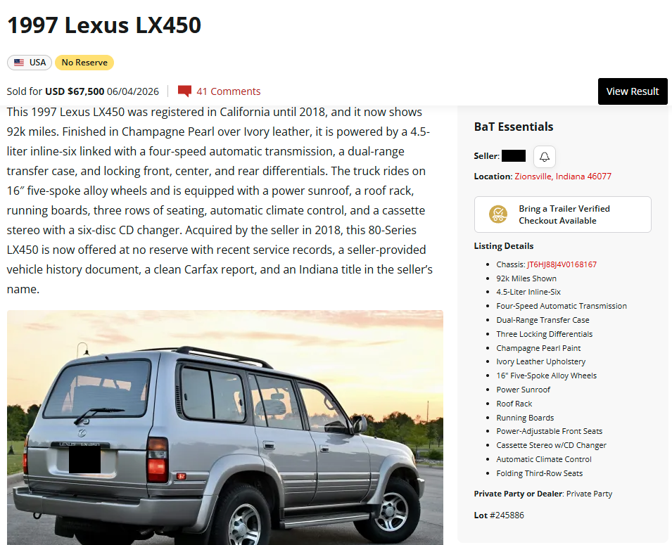 Saved copy of the Bring a Trailer auction for a 1997 Lexus LX450 in Zionsville, Indiana