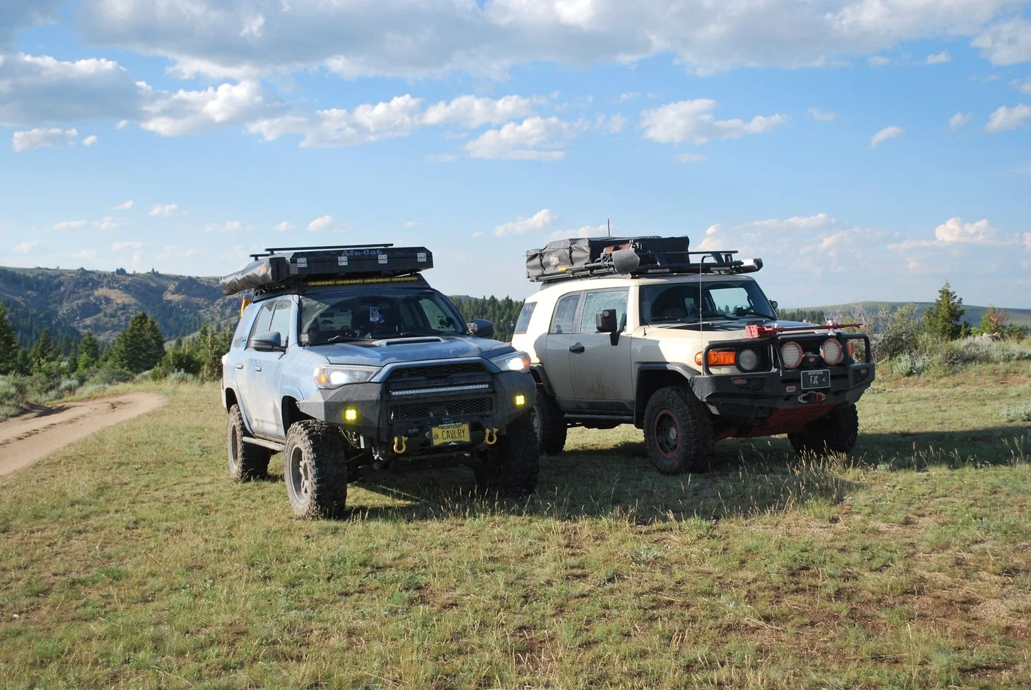 Silver Toyota 4Runner and tan FJ Cruiser with roof racks parked side by side in a sunny meadow on the North Meadow Creek Twin Lakes trail in the Tobacco Root Mountains, Montana