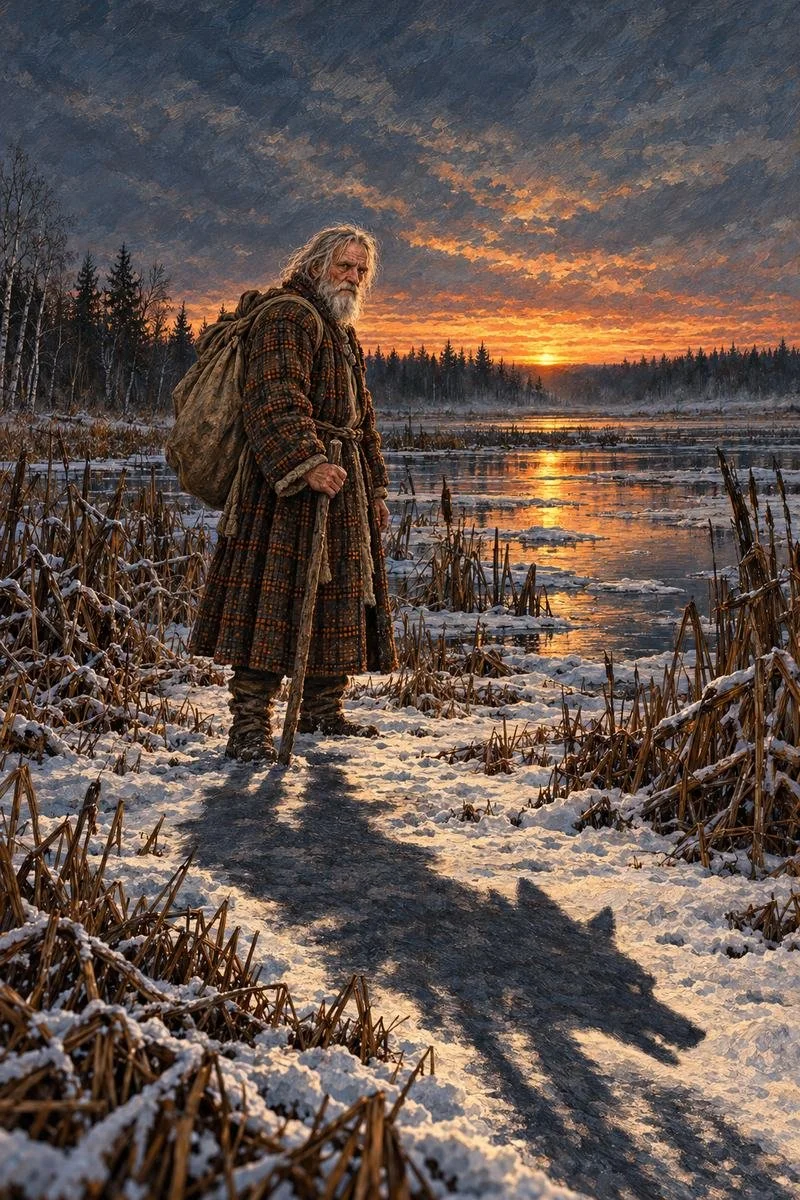 Painted cover art of an old man in furs on a frozen shore at sunset, his shadow a wolf