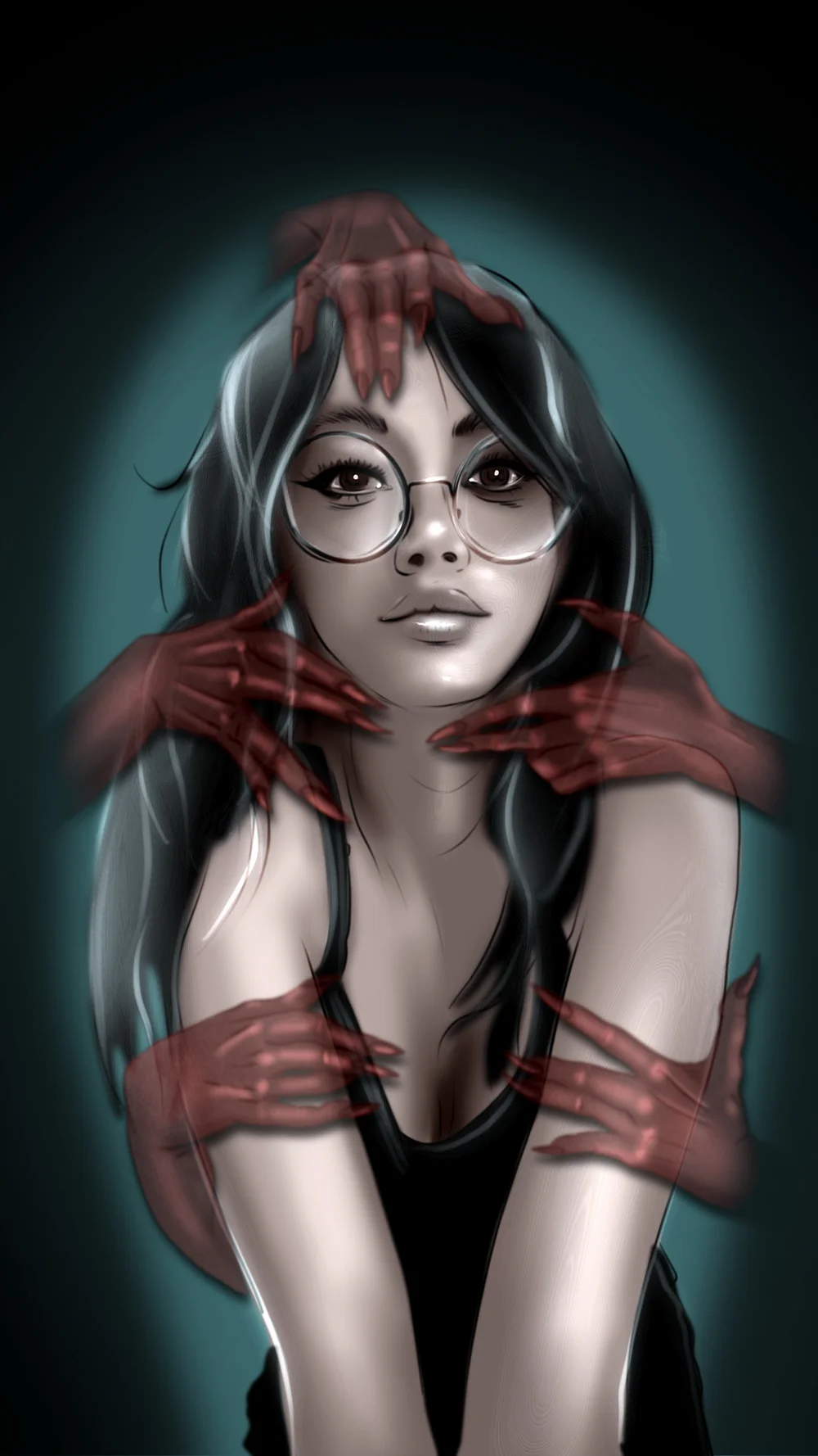 Portrait of a woman in round glasses with red hands on her shoulders