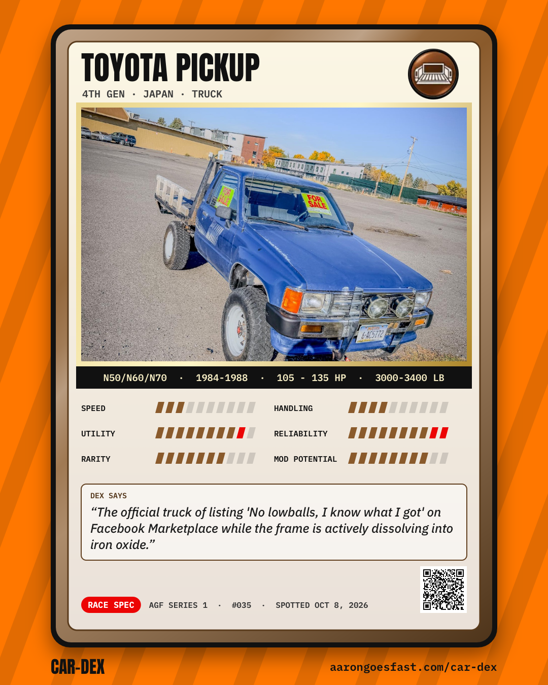 Car-Dex trading card for a fourth-generation Toyota Pickup showing RACE SPEC rarity, stat bars and the Dex Says roast
