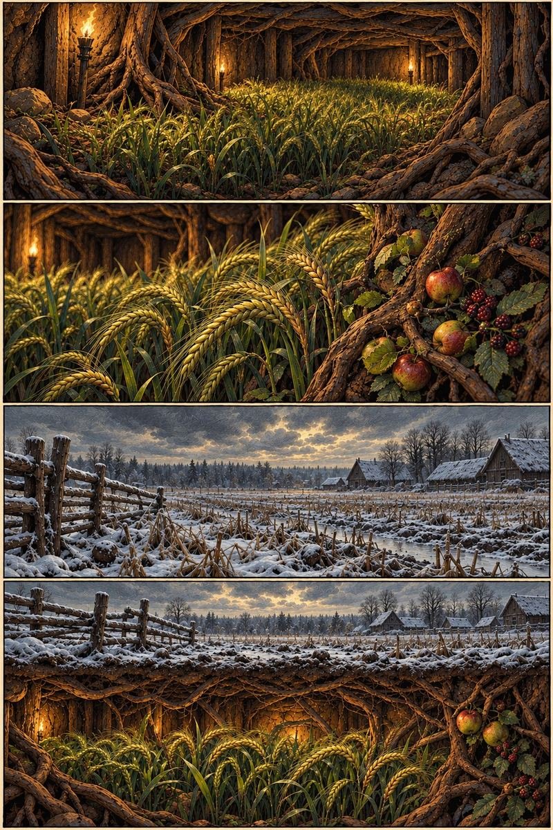 Painted comic page of glowing grain fields beneath roots and a snowy farm