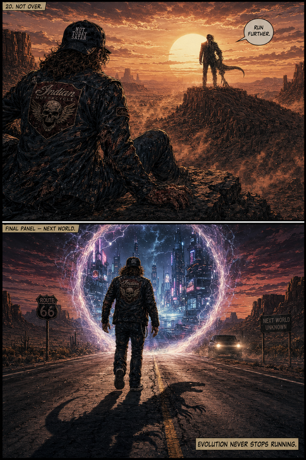 Comic panels of a man on a ridge and walking toward a glowing white orb