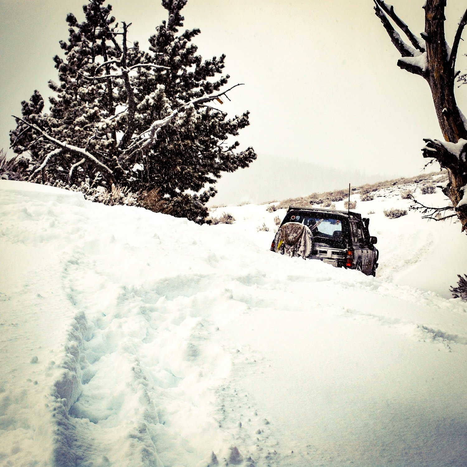 Dark truck nosed into deep drifts with boot tracks in the foreground during a December snow wheeling run in Montana