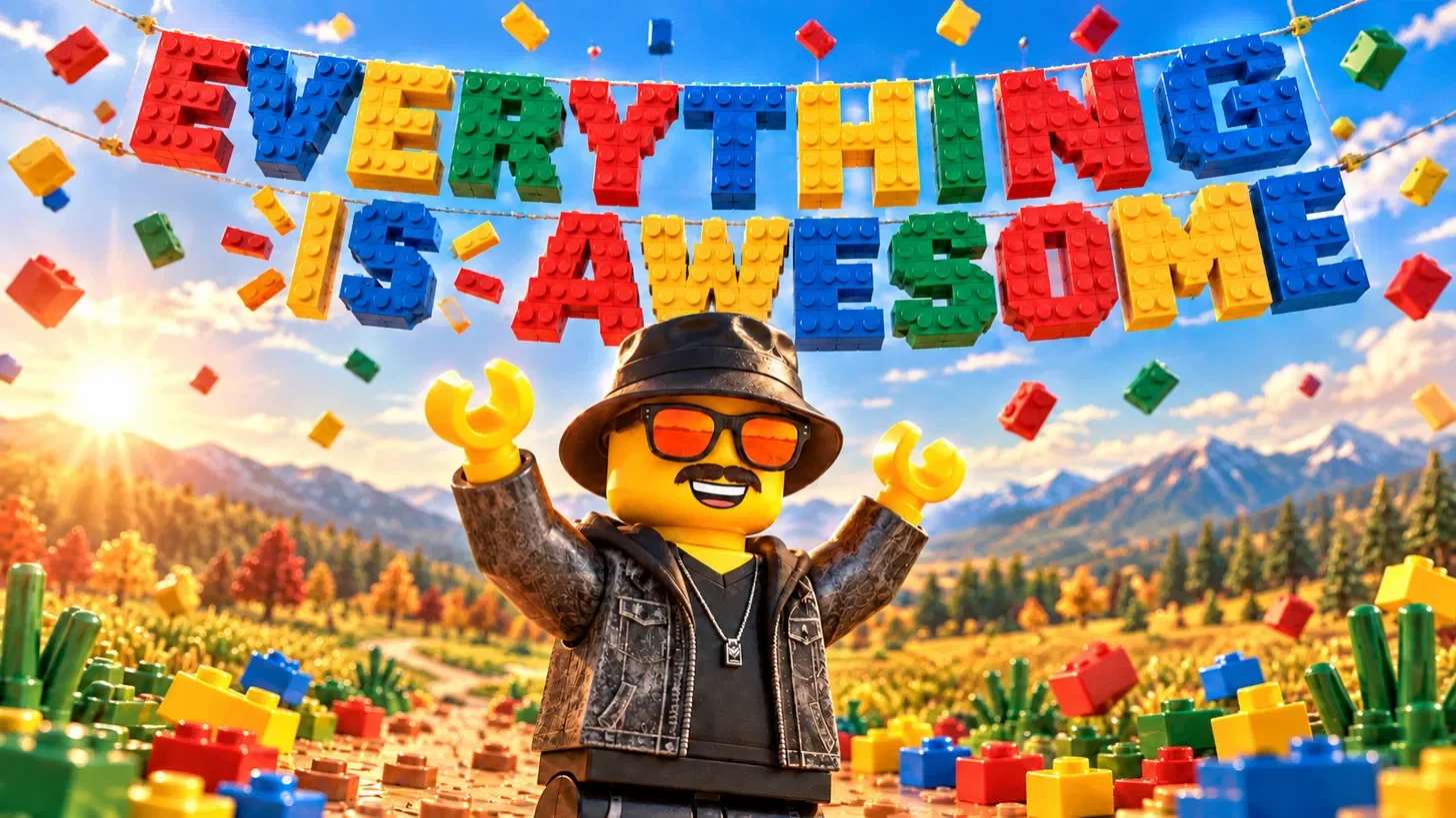 Aaron as a toy-brick figure cheering under a banner that reads Everything Is Awesome