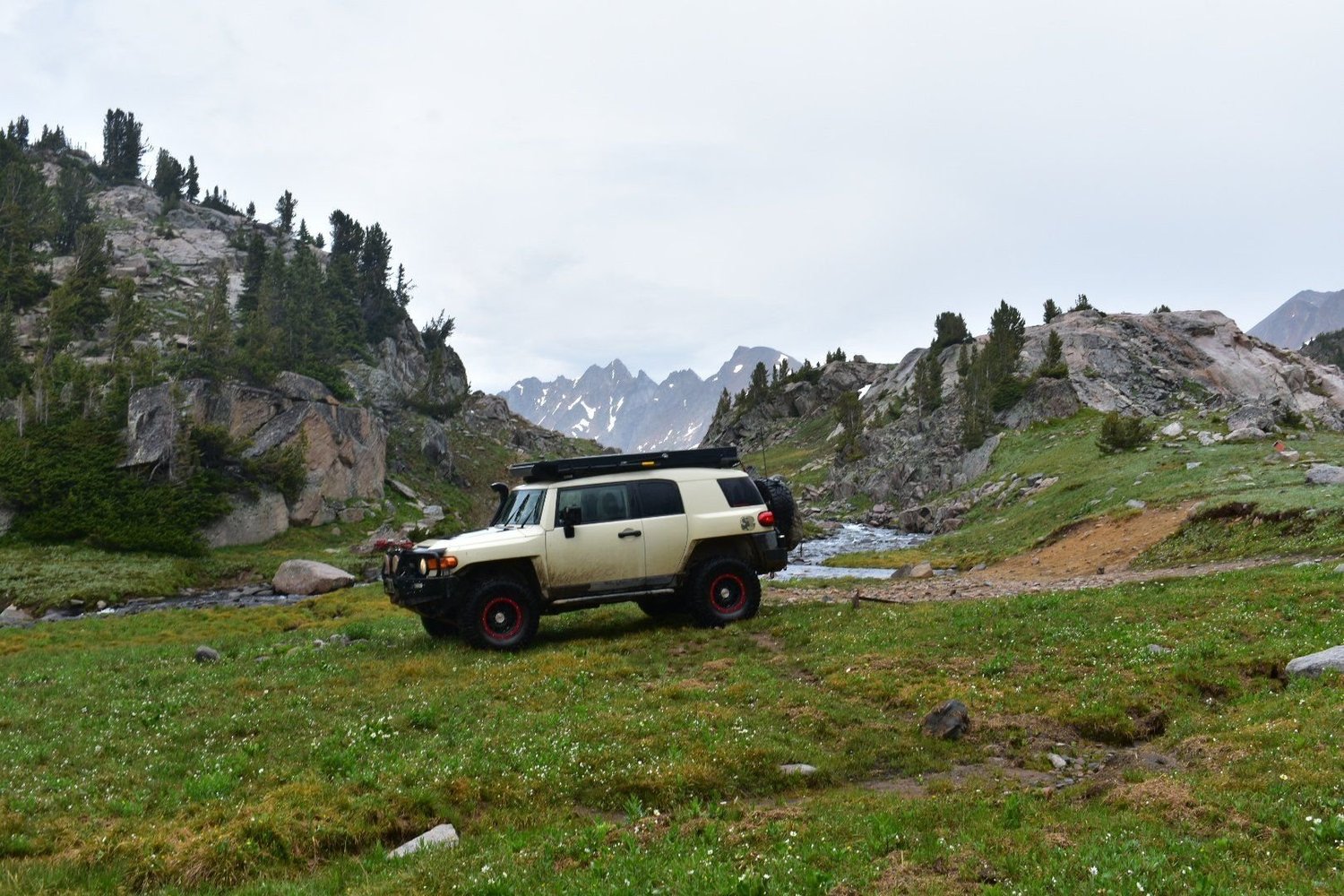 Tan Toyota FJ Cruiser with red wheels in a green alpine basin with rocky peaks behind near Cooke City, Montana